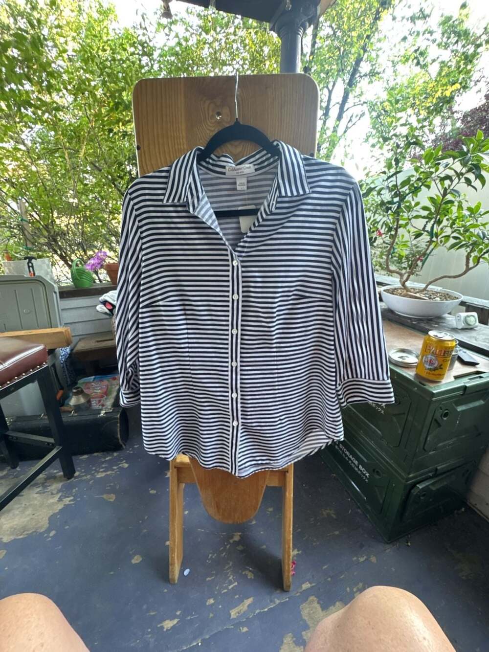 Large No Iron Black And White Striped Button Down Shirt business